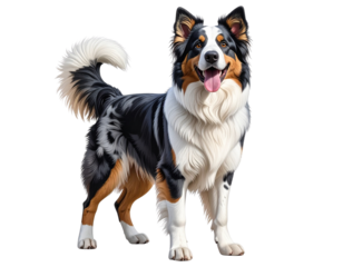 English Shepherd dog standing with tail slightly raised, mouth open in a happy pant