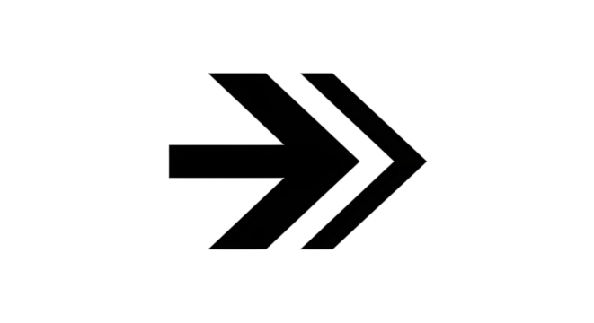 Black arrow isolated on white background, arrow png. A bold black double arrow pointing to the right, isolated on a white background.