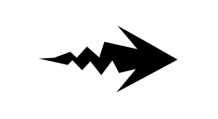 Black arrow isolated on white background, arrow png. Black arrow pointing right with a jagged, lightning bolt-like tail, isolated on a white background.