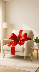 Cozy armchair adorned with a large red bow, placed in a bright living room, surrounded by soft textures and warm lighting, creating a festive atmosphere for holiday celebrations