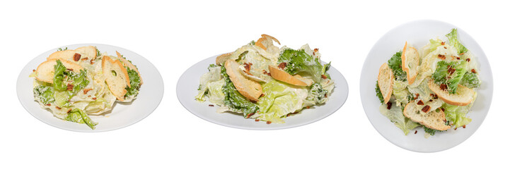Fresh Caesar Salad Plated: A trio of appetizing caesar salads, thoughtfully plated, inviting viewers to indulge in the vibrant flavors and textures.