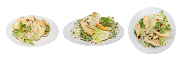 Fresh Caesar Salad Plated: A trio of appetizing caesar salads, thoughtfully plated, inviting viewers to indulge in the vibrant flavors and textures.