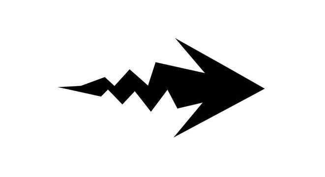 Black arrow isolated on white background, arrow png. Black arrow pointing right with a jagged, lightning bolt-like tail, isolated on a white background.