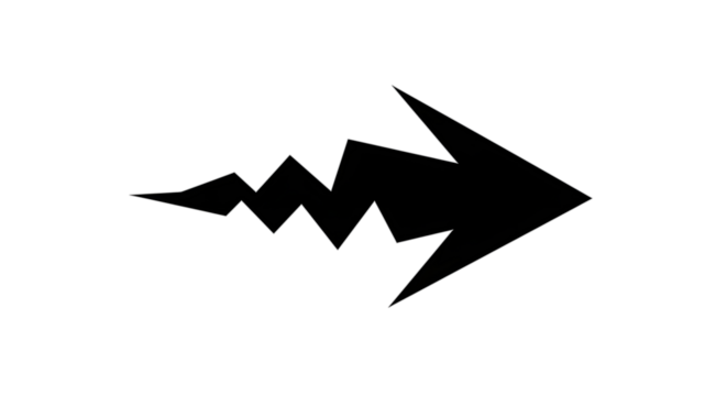 Black arrow isolated on white background, arrow png. Black arrow pointing right with a jagged, lightning bolt-like tail, isolated on a white background.