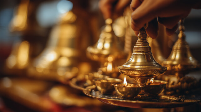 Golden Brass Ayyappa Puja Oil Lamps with Sacred Bells during Hindu Festival Prayer Rituals and Devotional Worship Ceremony
