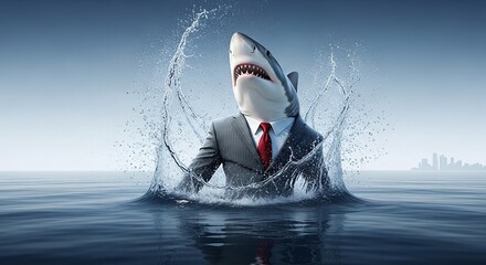 Business Shark Suit Splashing Water City Skyline