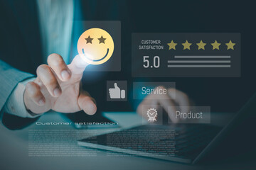 Customer service and satisfaction concept with business people touching virtual screen on smile face icons, showing high rating, positive feedback reputation management for product and service quality
