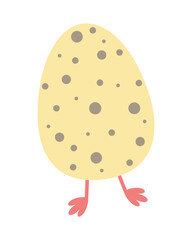 Funny Easter egg with chick legs illustration. Cute spotted egg character design for spring holiday celebration, festive greeting cards, children decoration, playful Easter mascot artwork.