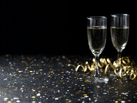 Minimalist New Year’s Eve Celebration with Champagne Glasses – Elegant Black Background Scene (AI-Generated)