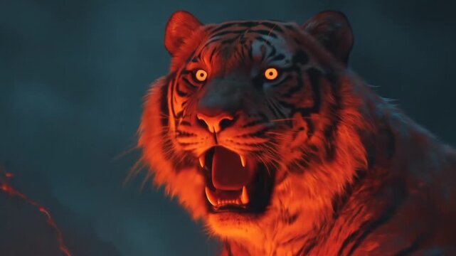 Tiger roaring night scene