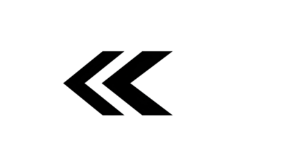 Black arrow isolated on white background, arrow png. A black double-chevron symbol pointing left, set against a white background.