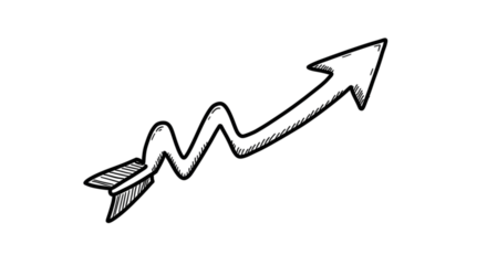 Black arrow isolated on white background, arrow png. A hand-drawn arrow pointing upwards with a wavy line, indicating growth or progress.