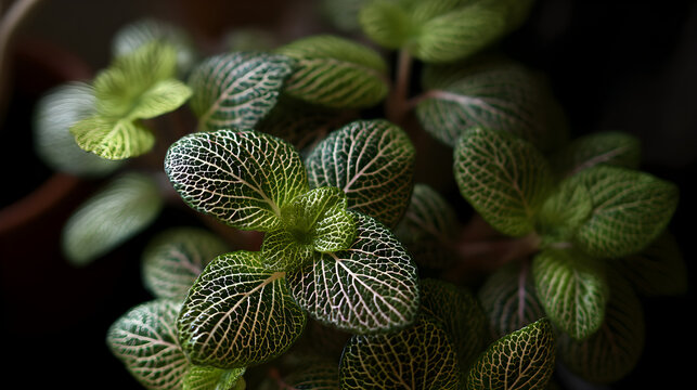 Close-up of a Fittonia plant with vibrant green leaves and intricate white venation against a dark background