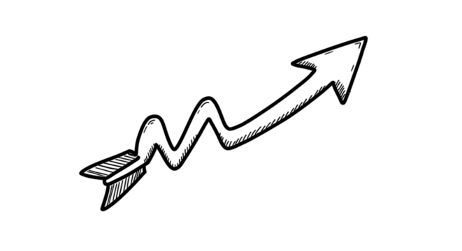 Black arrow isolated on white background, arrow png. A hand-drawn arrow pointing upwards with a wavy line, indicating growth or progress.