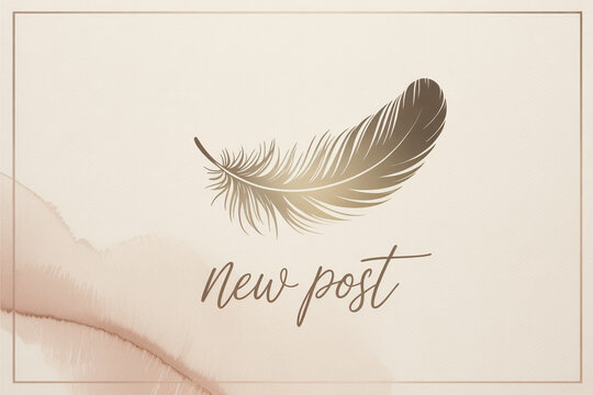 Elegant golden feather announces new post with soft watercolor accents and delicate frame, perfect for creative announcements and sophisticated social media updates.