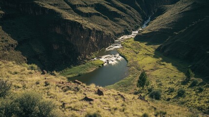 Fototapeta premium High-angle view of a river flowing through a canyon, with lush green vegetation