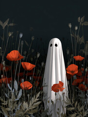 Sheet ghost standing in a field of poppies with black background.