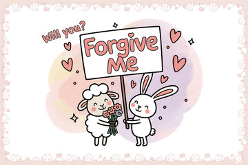 Adorable sheep and bunny duo present a "Forgive Me" sign with flowers, asking "will you?" in a charming, heartfelt plea perfect for apology cards and expressions of love.
