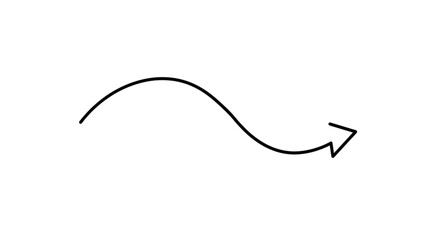 Black arrow isolated on white background, arrow png. A simple, curved arrow pointing right, depicted in a minimalist line drawing on a white background.