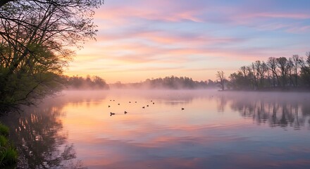 Obraz premium Scenic sunrise over calm lake tranquil landscape with fog and trees