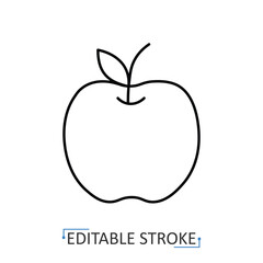 An apple fruit icon in a minimalist line style with editable stroke. Healthy food snack, organic garden fruit, fresh farm harvest, vegetarian diet nutrition, sweet vitamin concept.