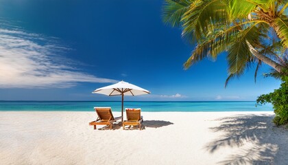 Obraz premium beautiful tropical island scenery two sun beds loungers umbrella under palm tree white sand sea view with horizon idyllic blue sky calmness and relaxation inspirational beach resort hotel