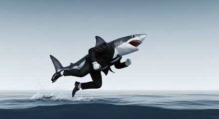 Shark Businessman Running Fast Across Ocean Surface