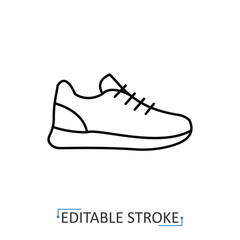 A sneaker shoe icon in a minimalist line style with editable stroke. Athletic footwear, running sport equipment, casual fashion accessory, comfortable training shoe, active lifestyle symbol.