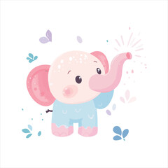 Cute elephant illustration with pastel colors and floral accents.  A whimsical, happy-looking baby elephant, with a light pink trunk, light blue body, and rosy cheeks
