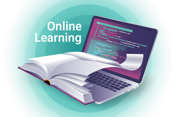 Unlock knowledge and skills with this dynamic digital learning concept showcasing an open book seamlessly merging with a modern laptop displaying code, perfect for educational technology promotions.