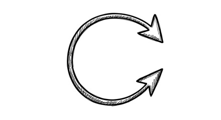 Black arrow isolated on white background, arrow png. A hand-drawn circular arrow pointing both clockwise and counterclockwise, indicating a cycle or rotation.