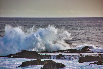 Huge beautiful waves break on the coastal rocks in a windy day: amazing wild and natural background.