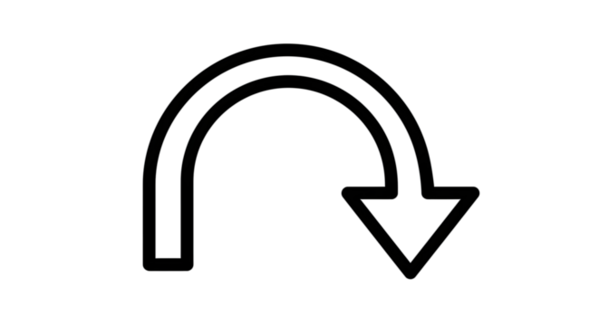 Black arrow isolated on white background, arrow png. Black and white illustration of a U-turn arrow pointing downwards, isolated on a white background.