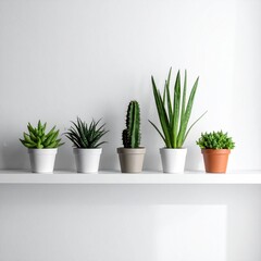 Cute small potted plants on white shelf, minimal interior design