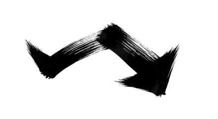 Black arrow isolated on white background, arrow png. A bold, black, downward-pointing arrow with a zig-zag shape, created with thick brushstrokes, isolated on a white background.