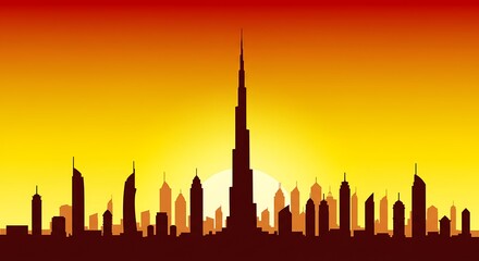 Fototapeta premium Silhouette of a city skyline at sunset silhouetted buildings and warm colors