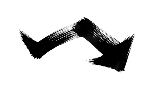 Black arrow isolated on white background, arrow png. A bold, black, downward-pointing arrow with a zig-zag shape, created with thick brushstrokes, isolated on a white background.