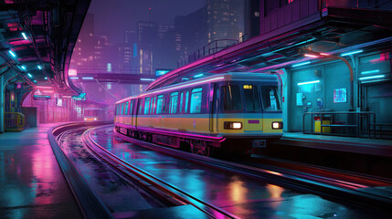 Fototapeta premium Neon subway station with glowing rails and speeding train, reflections on wet platform in dark cyberpunk ambiance