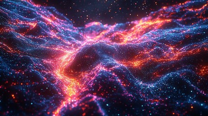Abstract Digital Landscape of Glowing Particles in Vibrant Colors and Depth
