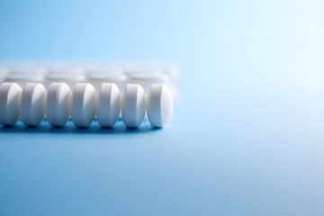 Fototapeta premium close-up of white pills placed neatly on a clean blue-white background