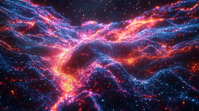 Abstract Digital Landscape of Glowing Particles in Vibrant Colors and Depth