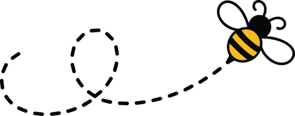 Cute cartoon bee buzzing along a dotted flight path