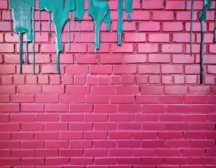 vibrant paint drips on a textured pink brick wall create an artistic backdrop