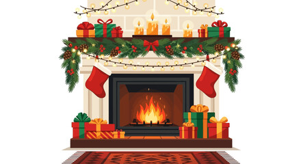Festive fireplace illustration with warm glowing flames, stockings and holiday decorations for