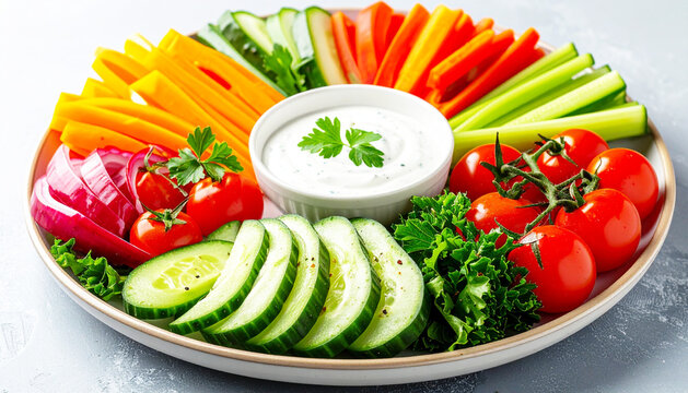 Platter filled with fresh vegetables and a bowl of dipping sauce. AI