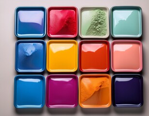 variety of vibrant powder coat colors arranged in squares on a neutral background showcasing textures and finishes for creative applications