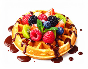 Waffle dessert with fresh fruit and chocolate syrup, white background. AI