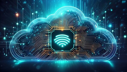 futuristic advance hi tech abstract digital cloud computing icon with tech symbols lines dots against intricate network of circuits beautiful simple ai generated image in 4k unique