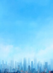 Fototapeta premium A city skyline stretches across the horizon under a bright blue sky filled with soft, hazy clouds. Distant buildings create an urban silhouette.