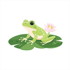 Cute green frog on lily pad with flower